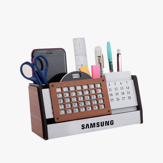 All-in-One Wooden Desk Organizer | Lifetime Calendar with Holders & Pad Slot